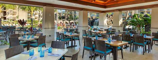The image shows a bright, spacious restaurant with blue-accented tables, modern wooden ceiling, and large windows overlooking a pool area.